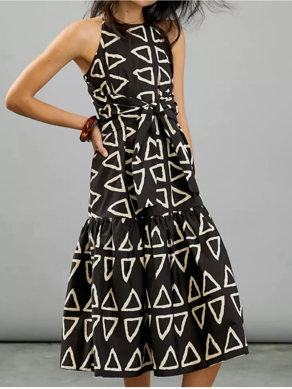 Anthropologie Corey Lynn Calter Keyanna Midi Dress Black Tie Waist Cotton Size M